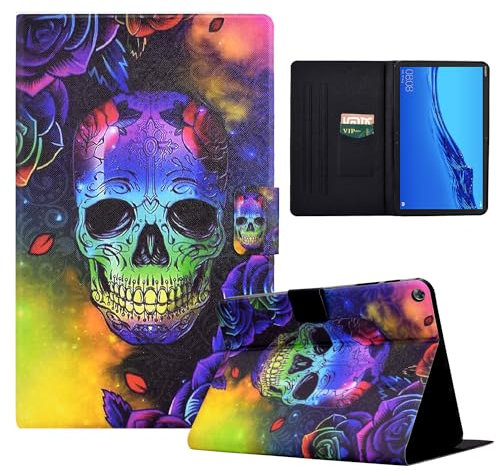 LSPCASA Hülle Kompatibel Huawei Mediapad M5 Lite 10.1 Zoll PU Leder Huawei Mediapad M5 Lite Tablet Hülle mit Kartenfächer undStänder Funktion Schutzhülle - Farbiger Totenkopf