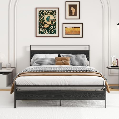HOJINLINERO King Size Bed Frame with Wooden Headboard, Metal Bed Frame King size Bed Base/Mattress Foundation,Metal Slat Support Noise Free,Kingsize Bed Frame Textured Black
