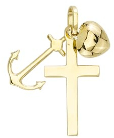 JC Trauringe Gold Anhänger Glaube, Liebe & Hoffnung in Echt 585 Gold klassische, schlichte Herz Kreuz Anker Goldanhänger Goldschmuck Unisex Schmuck in Gelbgold inkl. Schmucketui 8545