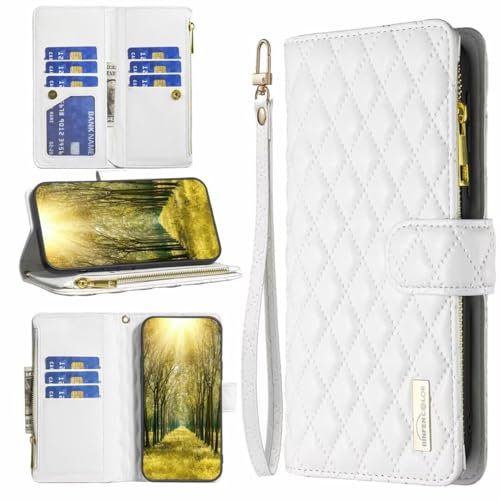 Miagon for Xiaomi Redmi Note 13 Pro 4G Zipper Case,Rhombus Wallet Purse Handbag with Wristlet 9 Card Slots Pocket PU Leather Magnetic Flip Kickstand Cover
