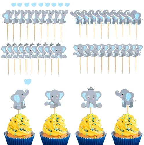 Silars Baby Elefant Cupcake Topper, 36 Stücke Tortendeko Blau Elefanten Deko Geburtstag, Baby Shower Tortenaufleger für Elefanten-Thema Geschlecht offenbart Babyparty Kinder Geburtstag Party Supplies