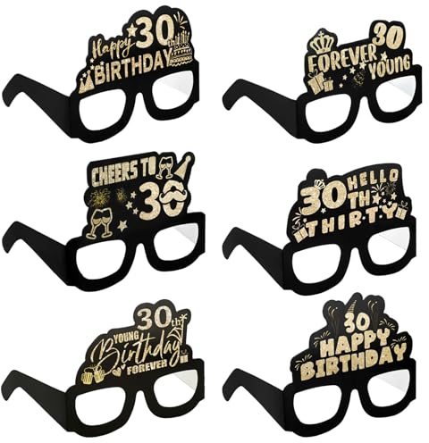 6 Stück Brille Zum 30. Geburtstag,Partybrillen Happy Birthday 30th Partybrille 3d Happy Birthday Party Paper Eyeglasses,Glitter Papier 3D Party Brille für Frau Mann 30. Geburtstag Party Deko