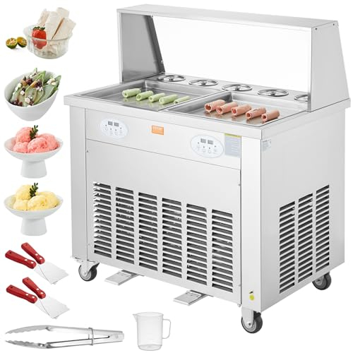 VEVOR Macchina per Gelato Fritto Arrotolato 2 Vaschette 38x38 cm, Piastra per Gelato Arrotolato Commerciale in Acciaio Inox Alimentare, Macchina per Rollare Gelato Compressore 4 Raschiatori