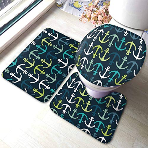 Set 3 Teilig Badvorleger Anker Seeschiff Reiseanker Für Blau Und Weiß Buntes Muster Badgarnitur Badematten Waschbar Dekorative Badezimmer Matte, Für Badewanne, Wohnzimmer