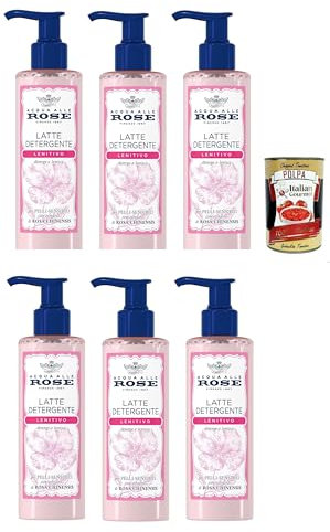 Acqua alle Rose, Latte Detergente Lenitivo, Mit rosa chinensis -Extrakt, ideal für trockene oder empfindliche Haut, reinigt und befeuchtet die Haut vorsichtig, 6x 200 ml + Italian Gourmet polpa 400g