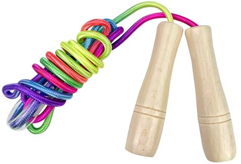 Maxentico 250 cm Corde a Sauter Enfant, Réglables Elastique Jeux a Sauter, Corde a Saute avec Poignée En Bois, Corde à Sauter d'Exercice pour Enfants pour Garçon Fille, Exercice(Couleur Arc-En-Ciel)