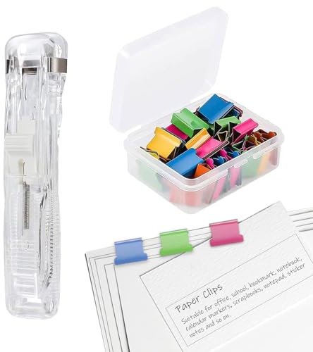 50 Stück Verschluss Clips und 1 Clam Clip Dispenser Set,Mini Push Clamp Stapler,Paper Clam Clip Dispenser,Reusable Creative Stapler,Tacker Ohne Klammern,Papierklammern,zum Fixieren Losem Blattpapier
