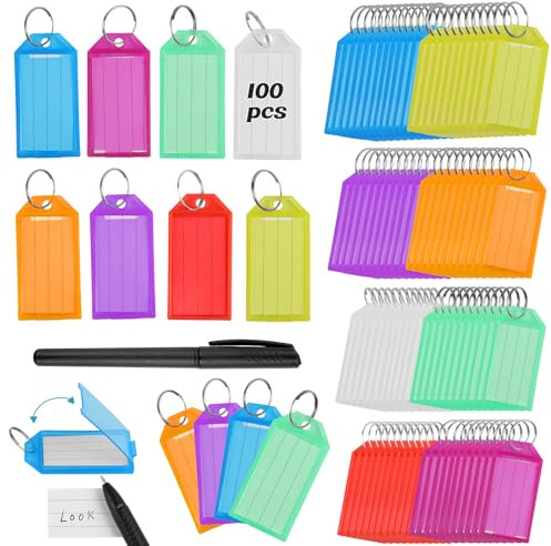 100 Pièces Porte Etiquette Clef, Porte Clés, Portes Etiquettes de Portes Cles avec Anneaux, Porte Cles Etiquette pour Étiquette de Bagage D'identité, 8 Couleurs