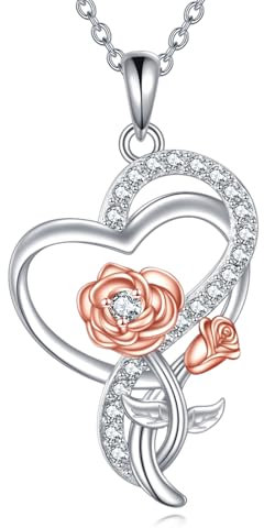 DAYLINLOVE Tulpe Sonnenblumen Rose Lily of the Valley Kette 925 Sterling Silber Blumen Herz Anhänger Halskette Blumen Schmuck Geschenke für Damen Frauen Mädchen Mutter Blume Liebhaber (Rose)