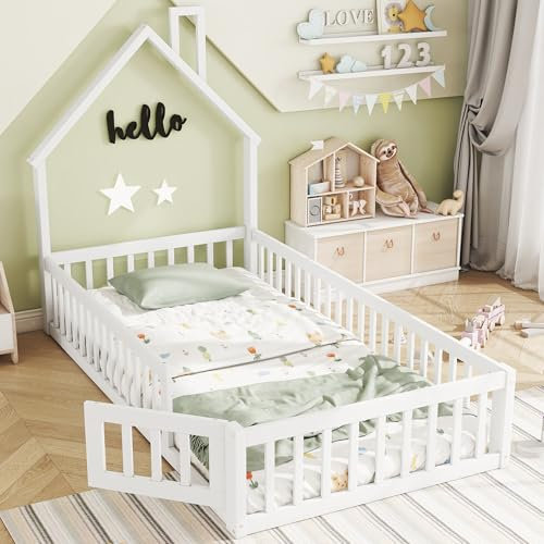 Generisch Hausbett, 90 * 200 cm Einzelbett, Design in Form Eines Kamins und des Dachs, Extra Hohes Sicherheitsgitter, Rahmen aus Kiefernholz, Einfacher Stil, Weiß