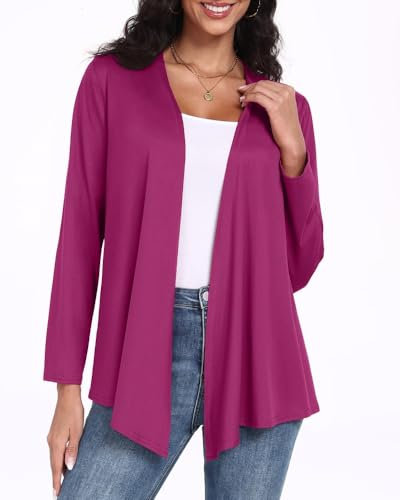 PrinStory Cardigan leggero da donna, casual, morbido, a maniche lunghe, con scollo a V, orlo irregolare, design superiore da donna aperto sul davanti, Viola rosso, S
