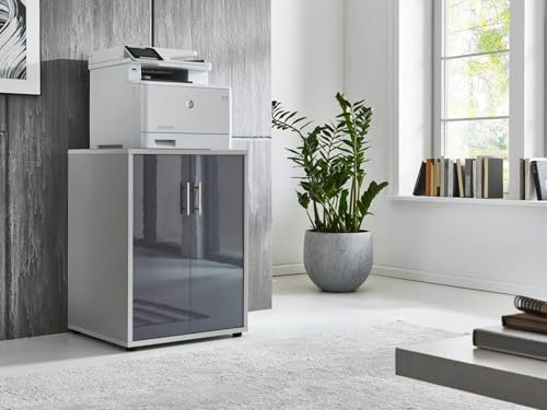 Druckerkommode TABOR Druckerschrank Druckertisch Aktenschrank 2-türig (BxHxT) 54x74x52 cm (lichtgrau/anthrazit Hochglanz)