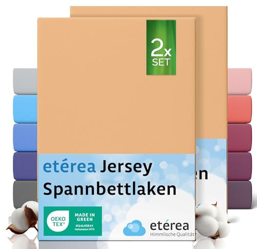 etérea Jersey 2er Set Spannbettlaken 80x200cm Pfirsich bis 20 cm Höhe - 100% Baumwolle Spannbetttuch Oekotex - Kinder Spannbettlaken Bed Sheets - Doppelpack Bettlaken 80x200 cm - Peach