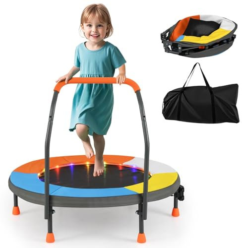 COSTWAY Ø90 cm Kindertrampolin mit LED Beleuchtung, Mini Trampolin faltbar, Fitness Trampolin Indoor mit Griff & Tragetasche, kleines Gartentrampolin Outdoor für Kinder ab 3 Jahren