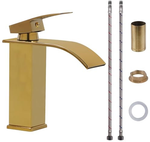 VirtuGro Rubinetto Bagno Lavabo Rubinetto a Cascata Miscelatore Lavabo Bagno Monocomando a Doppio Comando a Cartuccia in Ceramica Risparmio Idrico Risparmio Energetico Cromato Argento/Nero/Oro (Oro)