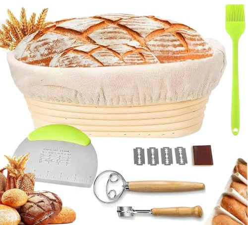 Sauerteig Starter Set,9-teilig Gärkorb Brot,Gärkörbchen oval 28cm|Rattan Gärungskorb für 100% natürlichem indonesischen Rattan,Brotbacken Startver Set Großes Geschenk für Anfänger,Erfahrener Bäcker