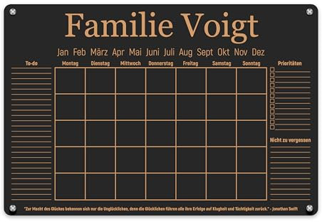 LAUBLUST Personalisierter Acrylglas Wandkalender - A2, A3, A4 - Schwarz | Familienplaner mit Familienname & Wunschtext - Wochenplaner & Monatsplaner als Familienkalender | Jahresplaner abwischbar