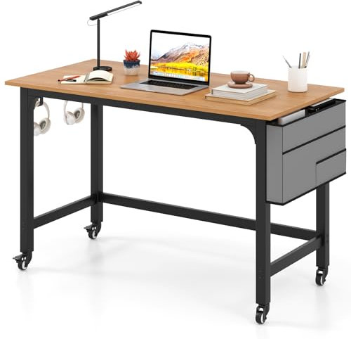 COSTWAY Bureau d'Ordinateur Roulant 120 cm, avec Sac en Tissu Détachable et Crochets, Bureau Informatique Mobile avec Cadre en Métal, Table de Travail pour Salon, Chambre (Naturel)