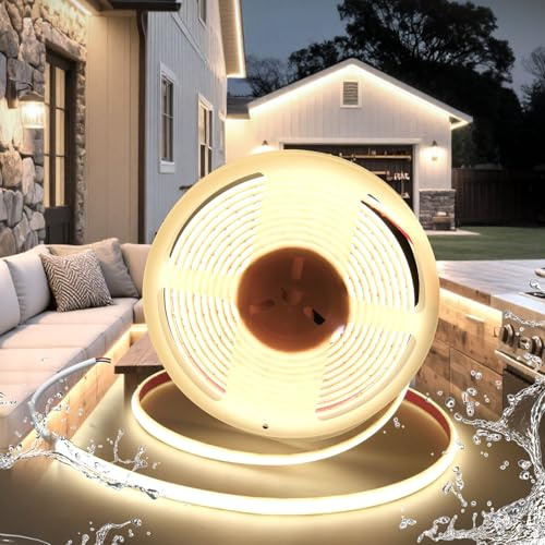 BRIMETI LED Streifen 5M Strip 12V COB Selbstklebend 5M Wasserdicht IP68 Neutralweiß 4000K 320LEDs/m 10mm Breite,Flexibel Silikon LED Band licht für TV, Schlafzimmer Beleuchtung (ohne Netzteil)