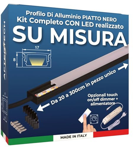 AFTERTECH Barra LED Profilo Alluminio PIATTO NERO SU MISURA al centimetro da 20 a 300cm in pezzo UNICO - LUCE POTENTE 19,2w/m 180led/m - PERSONALIZZABILE - MADE IN ITALY - Sottopensile Cucina