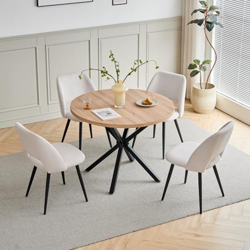 JZGORC Esstisch und Stuhlset, 100 cm Runder MDF Esstisch, 4 Gepolsterte Küchenstühle aus Cord mit Hohlrückenlehne, für Esszimmer, Wohnzimmer, Küche (Helle Farbe + Khaki)