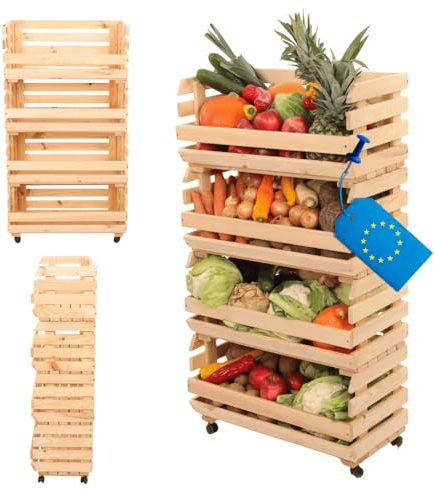 MODO24 Modular Holzregal für Gemüse & Obst auf Rollen, Stapelbares Regalsystem aus Kiefernholz, 4 Holzkisten, Kartoffelsteige, Küchenregal, Vorratsregal, Gemüseregal, Abm. 106x57x30 cm, Fargbe: Natur