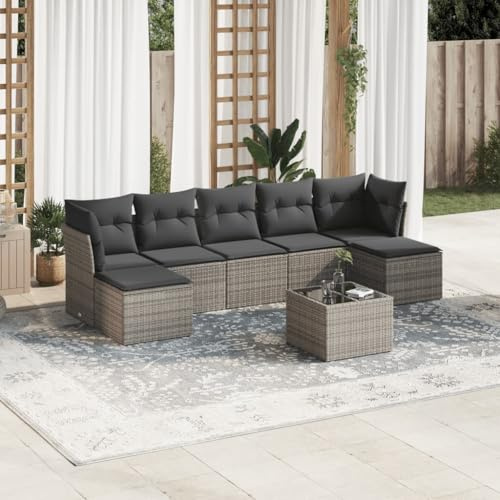 QJBSAVVA 8-TLG. Gartenmöbel Rattanlounge 289x117x69 cm Gartengarnitur mit Stauraum und Glasplatte grau für Balkon Terrasse Garten