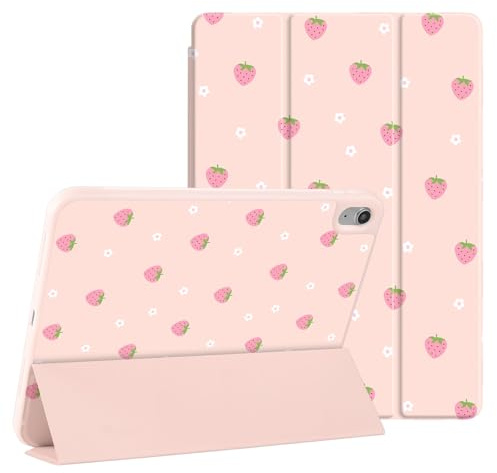 Fycyko for (A16) 11th Generation 11 Inch 2025/iPad 10th Generation 10.9 Inch 2022 Case, Cute Pink Strawberry Flower Pattern Aesthetic Floral Girly Protective Cover with Pencil Holder