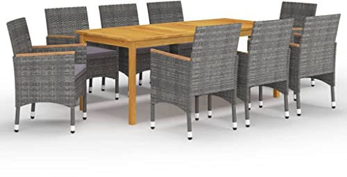 Runheo 9-TLG. Garten-Essgruppe Grau, Akazienholz, PE-Rattan, 200x90cm Esstisch mit 8 Stühlen und Kissen, Outdoor Möbel Set für Terrasse, Balkon