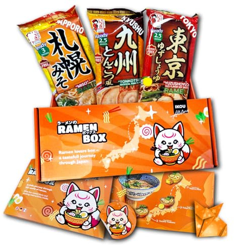 IKOU Ramen Probierbox – 6 Portionen echte Japanische Ramen-Nudeln | Ramen-Reise durch 3 Regionen mit 3 Sorten, Vegetarisch & tierfrei, Geschenkidee (inkl. Origami & Sticker)