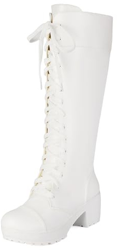 Gicoiz Donna Comodo Cordoncino Al ginocchio Plateau Stivali Militari Inverno Low Block Stivali Esteriore Moda Combat Biker Boot Estate Bianco Numero 45 EU-47Cn