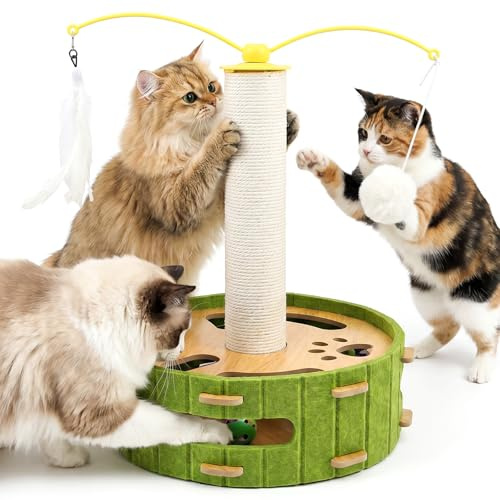 Cat Nail File Enrichment Box with Scratching Post Scratcher Base Interactive Cat Scratch Puzzle Box with Rotating Teaser Bell Ball for Indoor