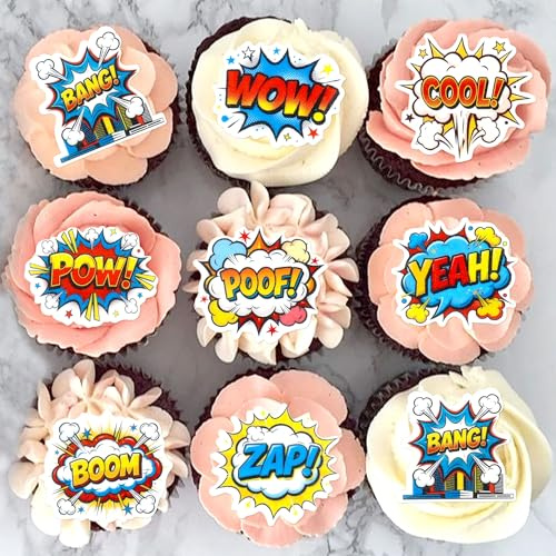 40Pcs Edible Super Hero Boom Cupcake Toppers Smash Crash Pow Edible Cupcake Picks for Celebrating Heros Theme Baby Shower Kids Boom Birthday Cupcake Cake Decorations Super Hero Party Supplies