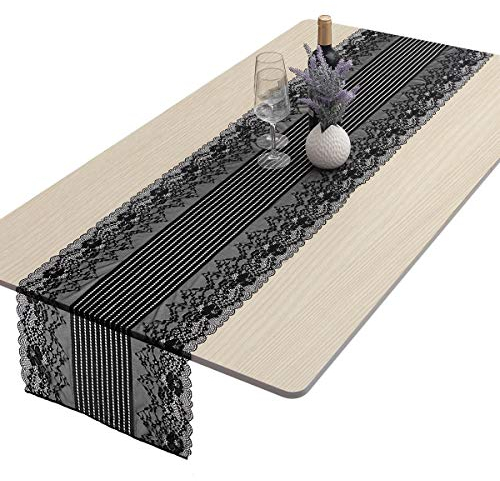 mookaitedecor Rechteckiger Tischläufer Schwarz Spitze mit Stickmuster, Tischläufer Modern für Hochzeit Party Geburtstag Tischdeko, 134 x 39 cm