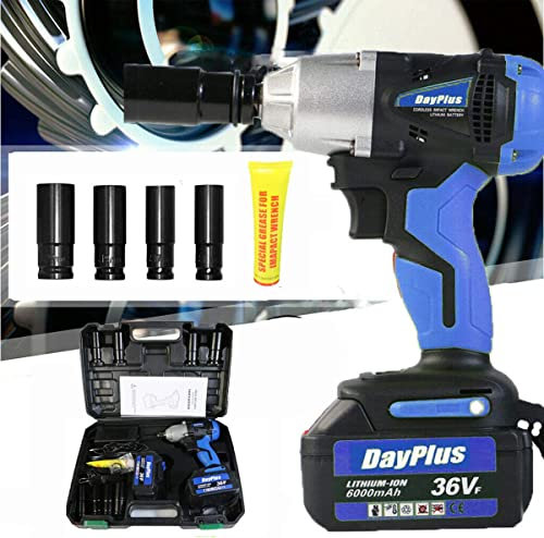 Akku Schlagschrauber 1/2 Zoll 18V 6.0Ah Akku, Max. Drehmoment: 420 Nm Drehschlagschrauber mit LED Leicht, 4*Steckschlüsselset, Gürtelclip & Werkzeugkoffer, mit 2 Akkus (Blau)