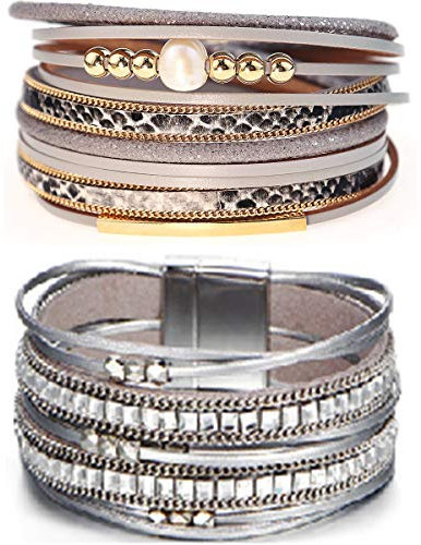 Suyi Mehrschichtiges Lederarmband-Set 2 Stück Perlen Wickelarmband Armbänder Mit Handgelenksmanschette Und Magnetschnalle Für Frauen Leopard5