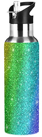 MNSRUU Regenbogen-Glitzer-Wasserflasche isoliert für Mädchen und Jungen, Edelstahl-Wasserflasche mit Strohhalm, 590 ml