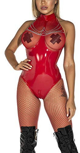 FEOYA Womens Catsuit Wet Look Patent Leather Bodycon Halter Neck Strappy Bust Bodysuit High Cut Thong Leotard