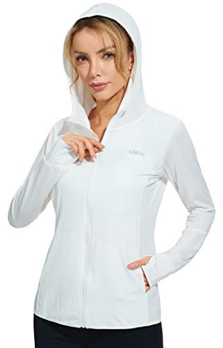 Libin Damen UPF 50+ Sonnenschutz Hoodie Full Zip Laufshirt Langarm Sun Shirt Sportshirt für Running Wandern Outdoor Surfen mit Taschen, Weiß S