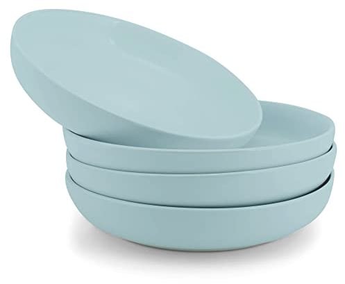 Elanze Designs Bistro glänzende Keramik-Schüsseln, flach, 21,6 cm, perfekt für den täglichen Gebrauch, von italienischer Pasta bis Caesar-Salat und Ramen bis Pho, Eisblau, 4 Stück