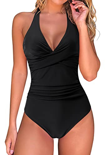 DOULAFASS Swimming Costume Women Tummy Control Push Up Swimsuit Halter V Neck Padded One Piece