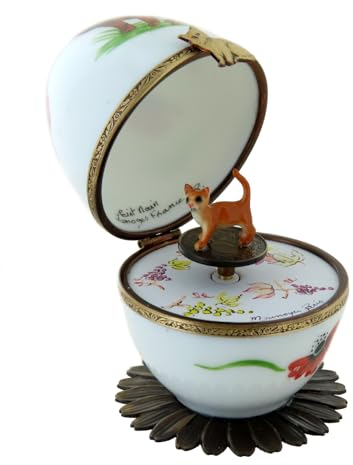 Spieluhr/Spieldose/Musikbox aus Porzellan in Eiform im Fabergé-Stil mit Katze und 18-Ton-Federspielwerk Wiegenlied von W. A. Mozart