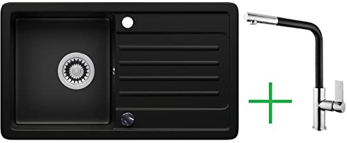 LINDBERGH® Küchen Granit-Spüle Schwarz VEL44 + 1-Deco mit Siphon, Verbundstoffe Made in Germany, Spülen Küche Küchenspüle Spülbecken Kitchen Waschbecken Sinks Einbauspüle, inkl. Imprägnierung