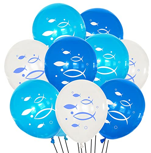 Oblique Unique® Fisch Luftballon Set - 10 Ballons mit Fischmotiv für Taufe Kommunion Konfirmation Junge Geburtstag Hochzeit Deko Weiß Blau