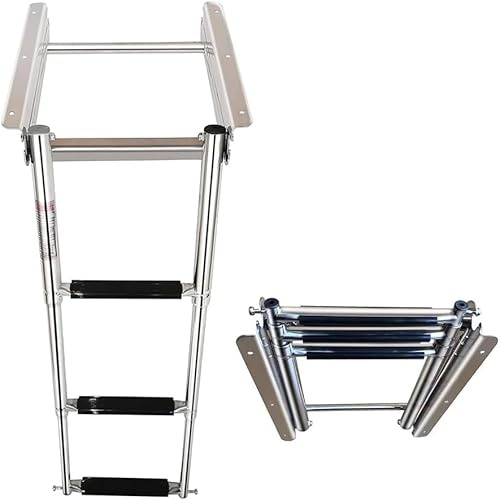 Mojiate Stainless Steel 3 Step Telescoping Folding Boat Boarding Ladder with Press-Type Spring Latch for Boat Yacht Swimming Pool