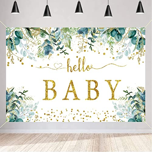 Hallo Baby Hintergrund für Baby Dusche Gold Eukalyptus Grün Blätter Geschlecht Neutrale Kinder Fotografie Hintergrund Neugeborene Party Dekoration Banner Schießen Prop 150cm x 90cm