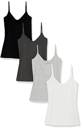 Amazon Essentials Women's Knitted V-Neck Layering Cami (Available in Plus Size), Pack of 4, Black/Charcoal Heather/Light Grey Heather/White, XL