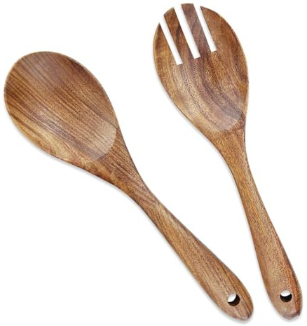 AYFDISHS Wooden Salad Servers, 10.2 Acacia Wood Salad Fork & Spoon for Serving, Olive Wood Salad Serving Utensils Set of 2, Teak Salad Tongs for Kitchen