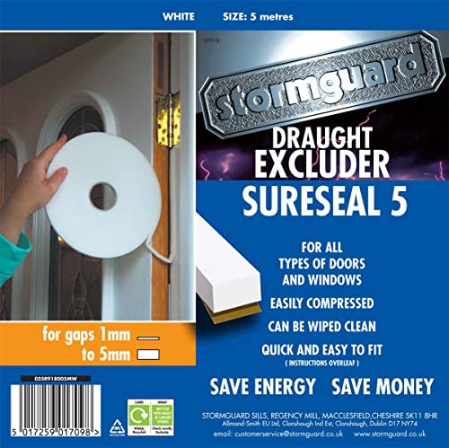 SureSeal Boudin de porte autocollant en mousse pour fenêtres et portes (5 mm x 9 mm, rouleau de 5 m, blanc)