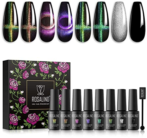 ROSALIND Cat Eye UV Gel Nagellack, Magnetisch Gel Nagellack Soak Off UV LED Gelnägel Set für Nail Art Maniküre Set, Cat Eye Magnetic Nail Polish 8pcs